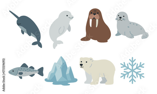 Arctic animals: narwhal, beluga, walrus, seal, polar bear, fish, iceberg, snowflake