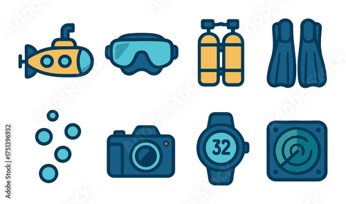 Diving equipment icons: submarine, goggles, tanks, flippers, bubbles, camera, dive watch, radar