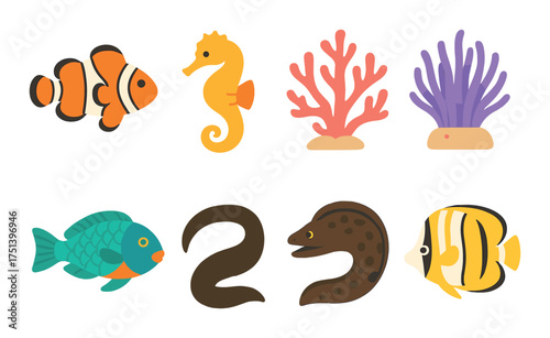 Colorful cartoon marine life featuring fish, seahorse, and coral animation