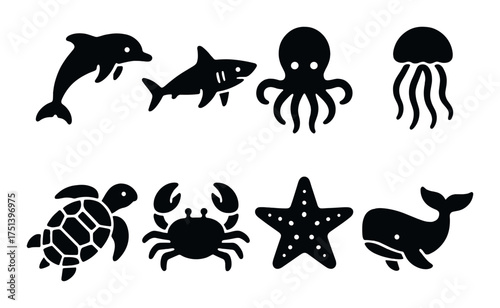 Silhouette icons of marine animals including dolphin, shark, octopus, jellyfish, turtle, crab, starfish, whale