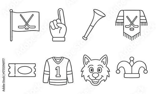 Hockey symbols: flag, foam finger, vuvuzela, scarf, ticket, jersey, wolf mascot, jester hat