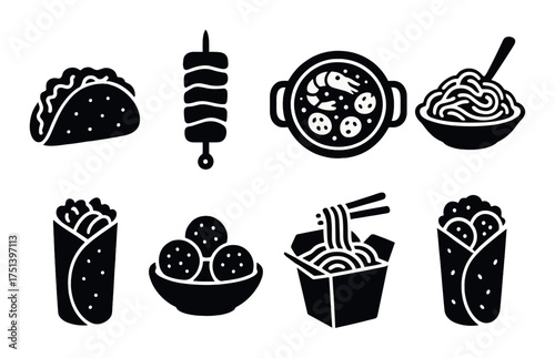 Silhouette icons of diverse global street food varieties on dark background