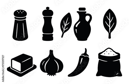 Silhouette icons of seasoning and cooking ingredients on olive background