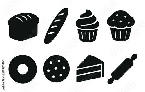 Silhouette icon set of bakery items including bread, baguette, cupcake, muffin, doughnut, cookie, cake, rolling pin