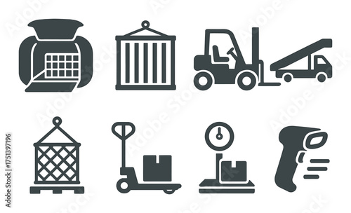 Logistics icons: forklift, cargo, pallet jack, barcode scanner, weighing scale on metallic background