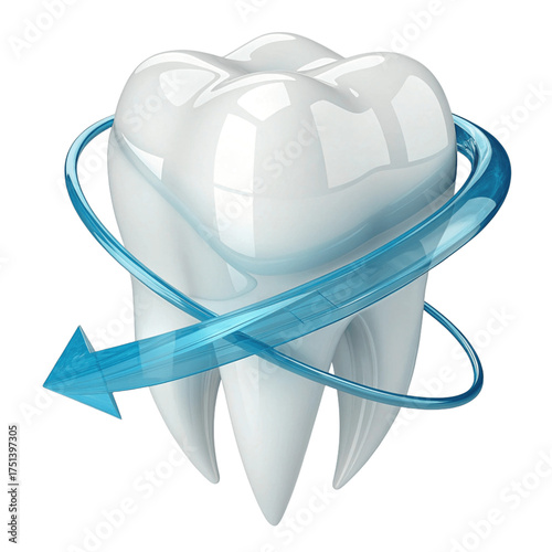 3D Shiny White Tooth with Blue Protective Arrow Ring – Dental Hygiene and Oral Care Concept