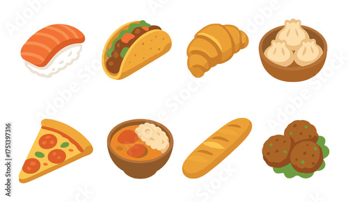 Delicious global cuisine: sushi, tacos, croissants, dumplings, pizza, curry, baguette, falafel