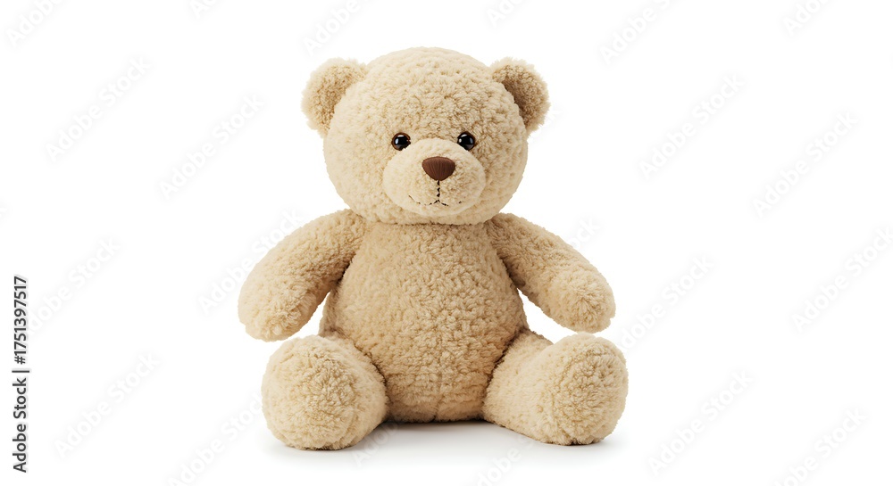 Fototapeta premium Classic fluffy beige teddy bear stuffed animal sitting patiently on a clean white background