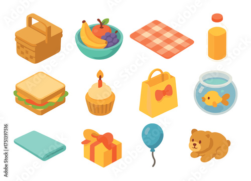 Picnic essentials and fun icons - basket, food, blanket, gifts, teddy bear, balloon, fishbowl