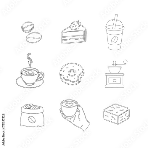 Hand Drawn Coffee and Dessert Vector Set. A curated collection of minimalist hand-drawn coffee and sweet treats illustrations. Modern coffee shop vector set featuring cups, pastries, and desserts.