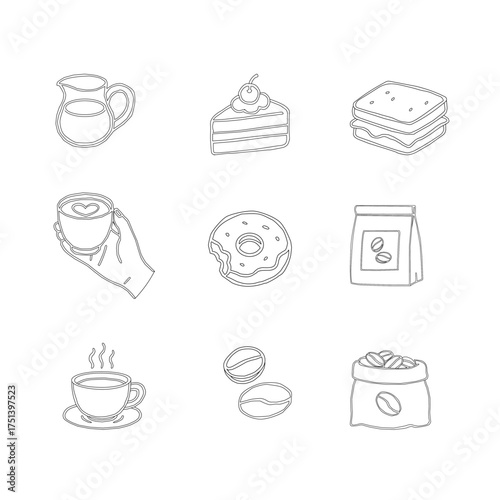 Hand Drawn Coffee and Dessert Vector Set. A curated collection of minimalist hand-drawn coffee and sweet treats illustrations. Modern coffee shop vector set featuring cups, pastries, and desserts.