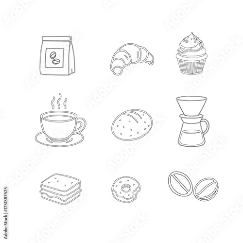 Hand Drawn Coffee and Dessert Vector Set. A curated collection of minimalist hand-drawn coffee and sweet treats illustrations. Modern coffee shop vector set featuring cups, pastries, and desserts.