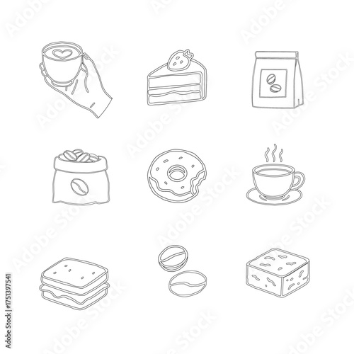 Hand Drawn Coffee and Dessert Vector Set. A curated collection of minimalist hand-drawn coffee and sweet treats illustrations. Modern coffee shop vector set featuring cups, pastries, and desserts.