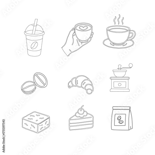 Hand Drawn Coffee and Dessert Vector Set. A curated collection of minimalist hand-drawn coffee and sweet treats illustrations. Modern coffee shop vector set featuring cups, pastries, and desserts.