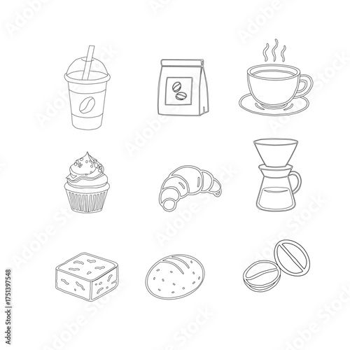 Hand Drawn Coffee and Dessert Vector Set. A curated collection of minimalist hand-drawn coffee and sweet treats illustrations. Modern coffee shop vector set featuring cups, pastries, and desserts.