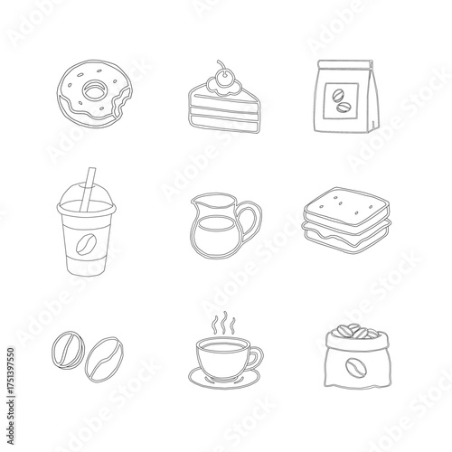 Hand Drawn Coffee and Dessert Vector Set. A curated collection of minimalist hand-drawn coffee and sweet treats illustrations. Modern coffee shop vector set featuring cups, pastries, and desserts.