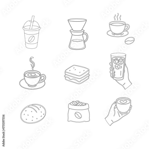 Hand Drawn Coffee and Dessert Vector Set. A curated collection of minimalist hand-drawn coffee and sweet treats illustrations. Modern coffee shop vector set featuring cups, pastries, and desserts.
