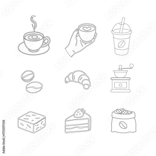 Hand Drawn Coffee and Dessert Vector Set. A curated collection of minimalist hand-drawn coffee and sweet treats illustrations. Modern coffee shop vector set featuring cups, pastries, and desserts.