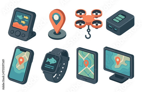 Isometric technology icons featuring gps drone smartphone smartwatch and monitor