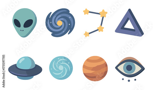Colorful cosmic icons: alien, galaxy, constellation, triangle, ufo, spiral, mars, eye