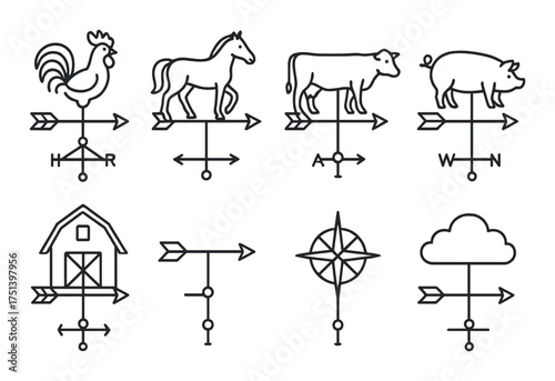 Vector weather vanes with farm animal and direction icons on dark background