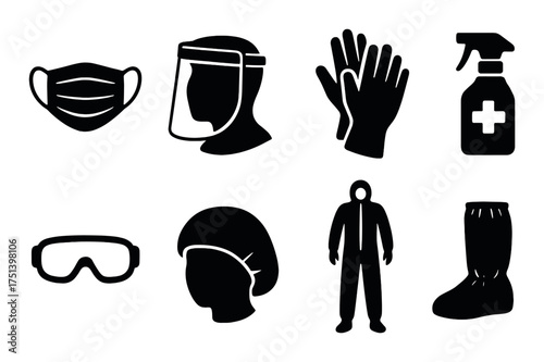 Protective gear icons: mask, face shield, gloves, sanitizer, goggles, cap, suit, boots