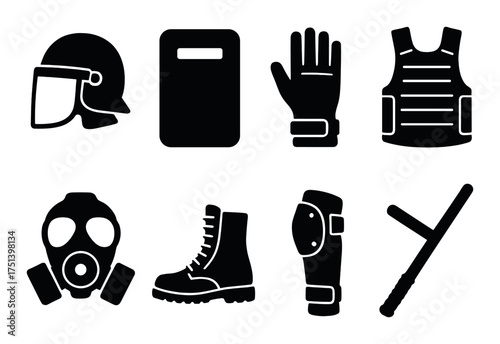 Riot gear icons: helmet, shield, glove, vest, gas mask, boot, knee pad, baton