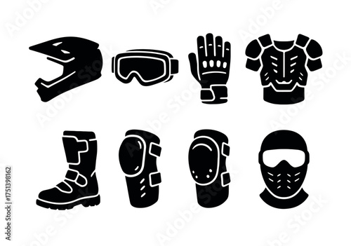 Silhouettes of essential protective gear for motorsports safety