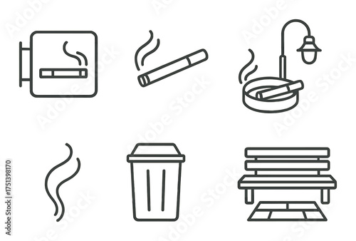 Smoking area icons with cigarette, ashtray, and trash can symbols