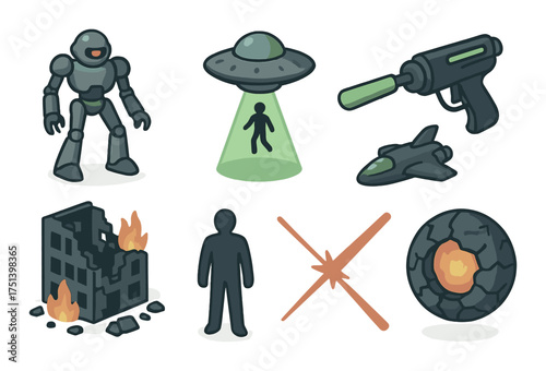 Futuristic sci-fi elements: robot, ufo, alien, spaceship, laser, destruction, meteor