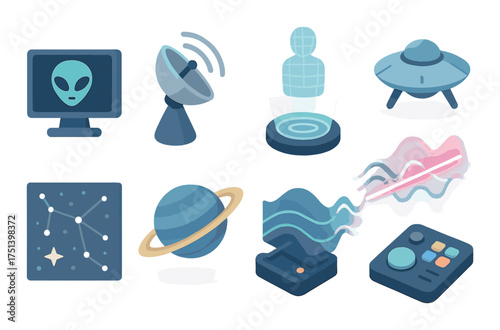 Futuristic space technology icons: alien, satellite, ufo, hologram, constellation