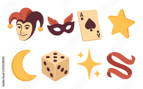 Colorful carnival objects with joker, mask, card, dice, star, moon, and ribbon