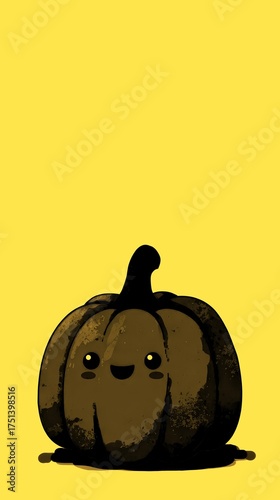 Cute cartoon pumpkin with a smile, color, and stem against a simple background
