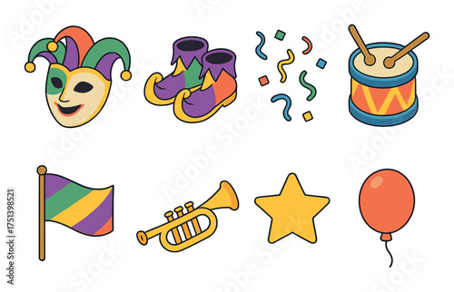 Colorful mardi gras symbols: mask, shoes, drum, flag, trumpet, star, balloon, confetti