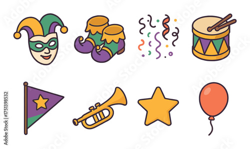 Mardi gras icons: mask, shoes, confetti, drum, flag, trumpet, star, balloon