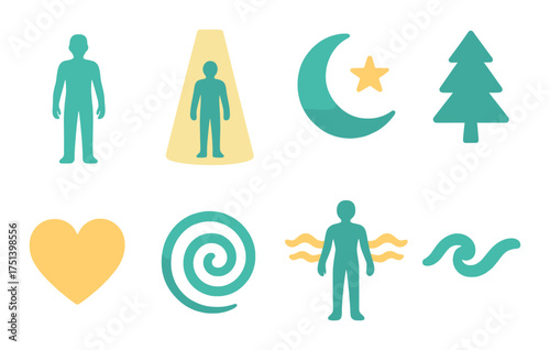 Abstract glowing silhouettes and symbols with tree and heart shapes