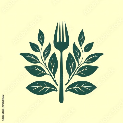 Stylized fork surrounded by leaves symbolizes nature and healthy eating habits in sustainable culinary practices