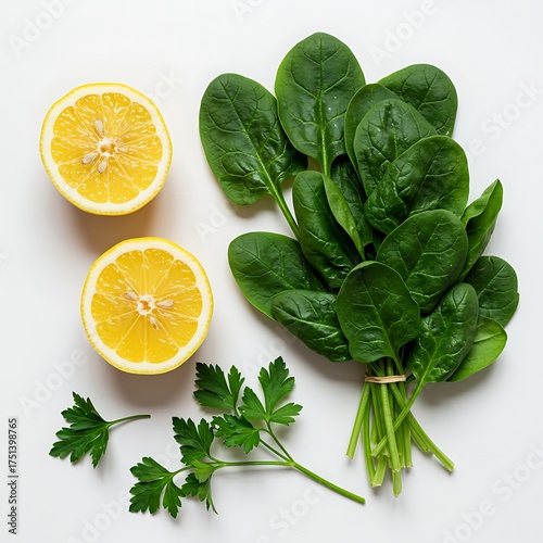 Fresh spinach, lemon halves, and parsley sprigs arranged on a clean white background, showcasing vibrant green and yellow colors.