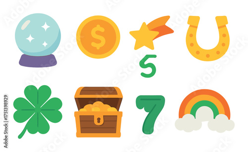 Lucky symbols: crystal ball, coin, star, horseshoe, clover, treasure, rainbow, number 5 and 7