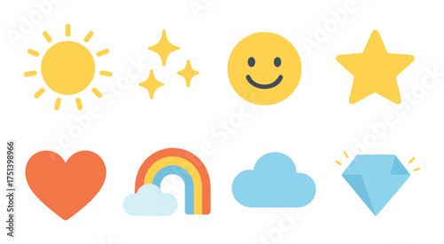 Colorful glowing icons featuring sun, stars, and smileys with heart, rainbow, cloud, and diamond shapes