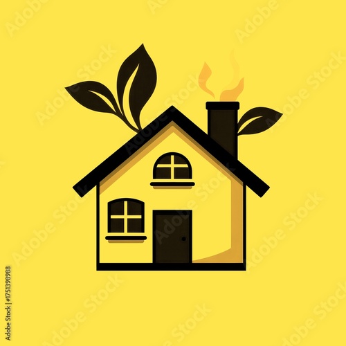 Modern house illustration with elements symbolizing sustainability and eco-friendliness in a minimal style