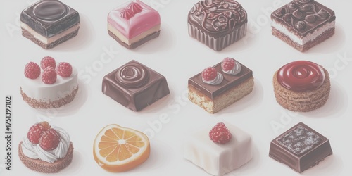 Delightful assortment of colorful desserts arranged on a white background for a tempting presentation - Low Contrast