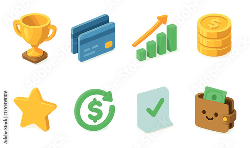 Set of eight glowing financial icons featuring trophy, credit cards, arrow, coins, star, dollar, check, wallet