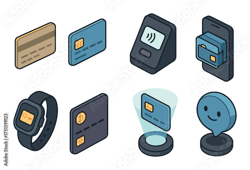 Isometric digital payment icons: contactless, card, mobile, smartwatch, hologram, face