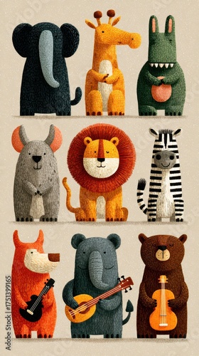 Colorful cartoon animals gather for a lively musical performance in a whimsical setting