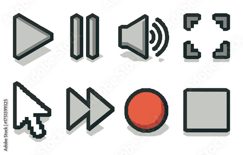 Pixel art media controls: play, pause, volume, fullscreen, cursor, fast forward, record, stop