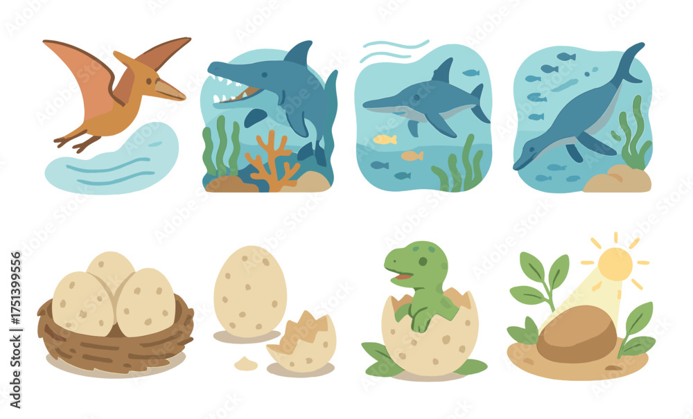 Naklejka premium Ancient marine life: dinosaurs, aquatic creatures, and hatching eggs illustration