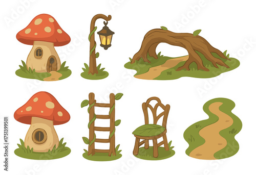 Enchanted forest set with mushroom house, lamp, path, and wooden objects