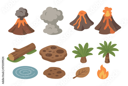 Volcano eruption illustrations with nature elements: lava, smoke, trees, fire, water