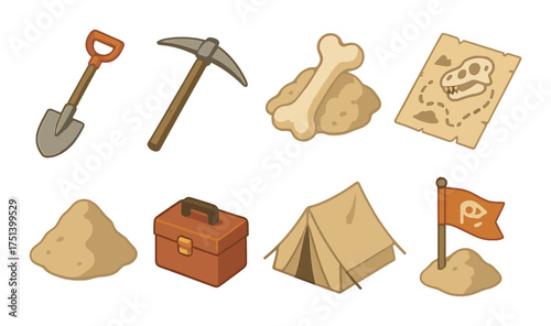 Archaeological tools and tent with fossil map illustration